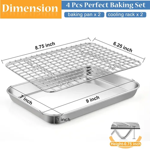 Miniatura 2 de TeamFar - Juego de bandeja para mini horno tostador con estante, 9 x 7 x 1 pulgada de acero inoxidable con rejilla para hornear, asar y enfriar, sin