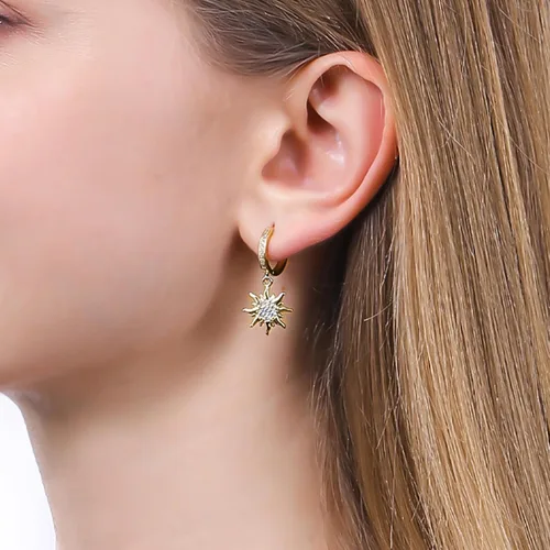 Miniatura 2 de Pendientes de sol dorados para mujer, aretes colgantes para niña, aretes de circonita cúbica, Plata Cobre Circonita cúbica, No es una piedra preciosa