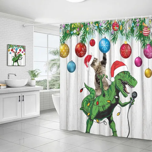 Miniatura 3 de Divertida cortina de ducha de Navidad, bonito dinosaurio en sombrero de Papá Noel cantando Feliz Navidad para niños, niños y niñas, decoración