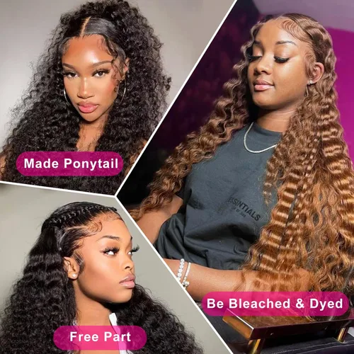 Miniatura 5 de Pelucas de cabello humano ondulado profundo con encaje frontal 13x6, densidad del 200%, pelucas de cabello humano con encaje frontal HD pre