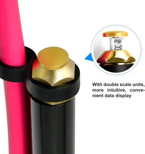 Miniatura 4 de MEANLIN MEASURE Inflador de neumáticos rojo resistente con medidor de presión de 120 PSI, manguera de 15 pulgadas de doble cabezal y herramientas