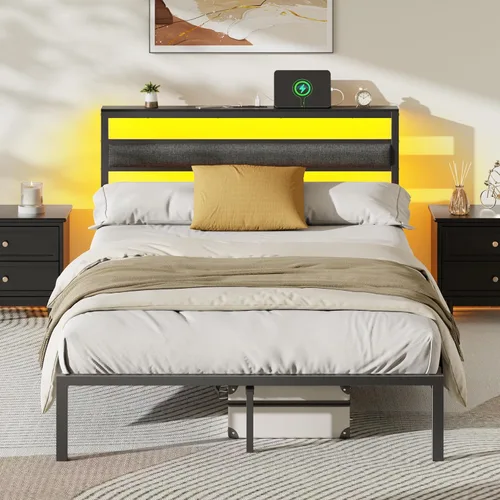 Miniatura 10 de OURPIC Estructura de cama de tamaño completo con cabecero, estructura de cama tamaño completo con luz LED y estación de carga, base de cama de Negro