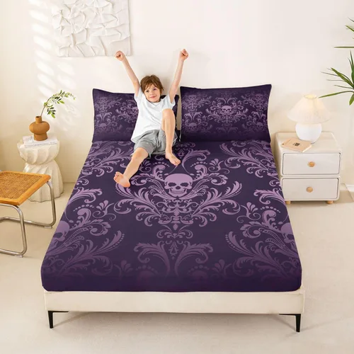 Miniatura 3 de Sábanas de cama de damasco violeta salmón para adultos, sábana bajera ajustable barroca victoriana antigua, sábanas florales góticas vintage, juego