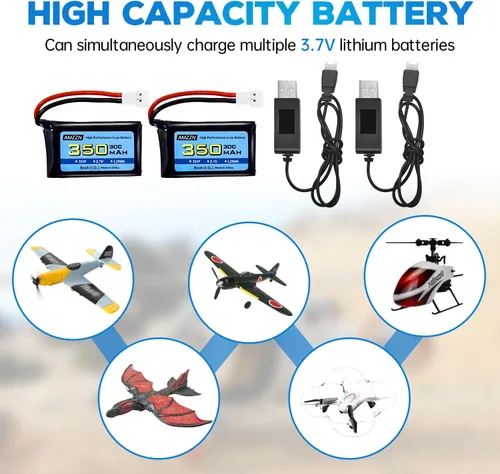 Miniatura 2 de 2 baterías Lipo de 3.7 V 350 mAh 1S con enchufe Molex y USB para Syma X11C WLToys V911S RC Drone, XK A150 BF-109 FX651 FX621 Z60 Jet F-16 F-22 F-35