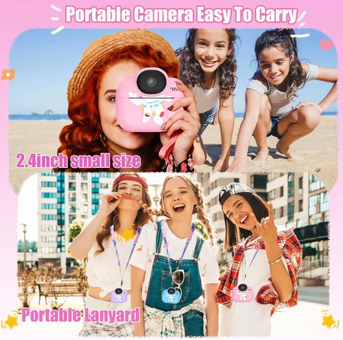 Miniatura 6 de Cámara para niños con impresión instantánea para niños, cámaras para niños pequeños, cámaras de video digitales HD 1080P, juguete de cámara Rosa