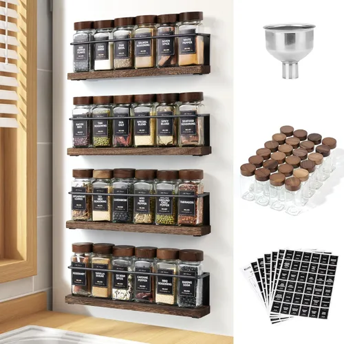 Estante magnético para especias con tapa de madera con 24 tarros, 216 etiquetas, 1 embudo de acero para refrigerador, horno de microondas, juego