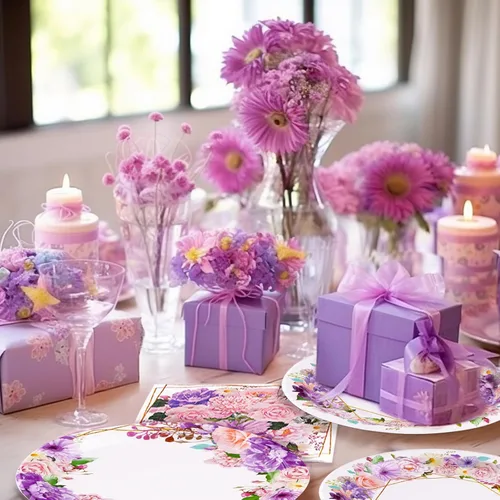 Miniatura 5 de Grencian 96 piezas de suministros de fiesta floral de primavera, platos de papel y servilletas de flores rosas y moradas, juego de vajilla