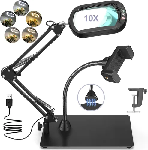 Miniatura 9 de Drdefi Lupa cuadrada de 10X con luz y soporte, lupa de cristal real iluminada con LED, 5 modos de color regulable continuo, lámpara de escritorio