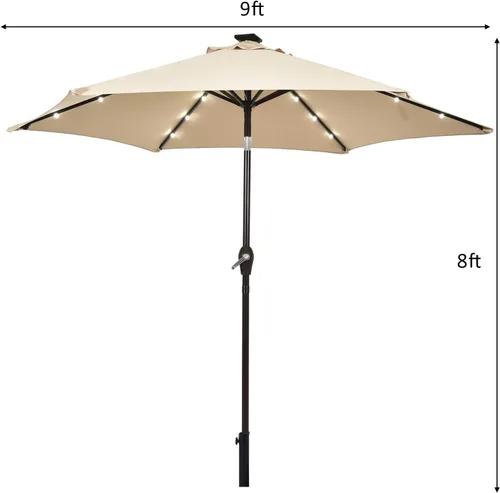 Miniatura 5 de Tangkula Sombrilla solar de patio de 9 pies, sombrilla de mercado de mesa al aire libre con 18 luces LED, ajuste de inclinación, mango de manivela