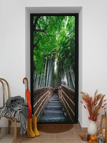 Miniatura 26 de artfanke Adhesivos 3D para puerta, 30.3 x 78.7 pulgadas, papel tapiz de piedra para puerta de escalera de piedra, calcomanías autoadhesivas
