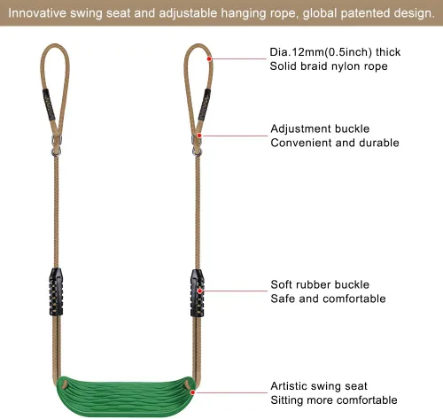 Miniatura 6 de BeneLabel Asiento de columpio antideslizante con cuerda ajustable y mosquetones, accesorios de columpio para patio de recreo resistente, para niños