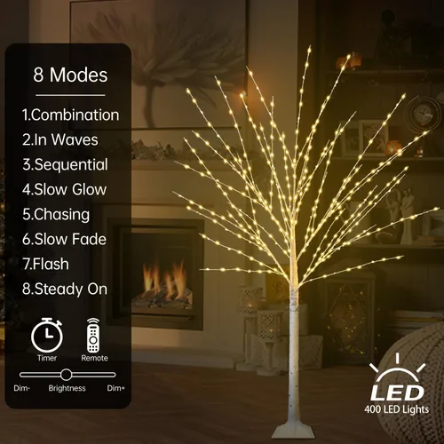Miniatura 2 de Árbol de abedul iluminado de 4 pies con 400 luces LED de color blanco cálido, 8 modos, temporizador remoto de árbol de Navidad, árbol de Navidad