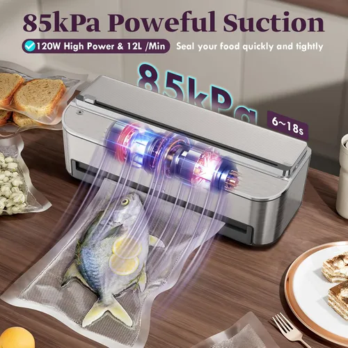 Miniatura 5 de Mesliese Máquina selladora al vacío, sellador automático de alimentos de 85 kPa 120 W, potente sistema de sellado, cortador integrado Acero