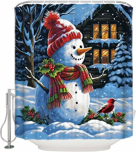Cortina de ducha con diseño de cardenales de muñeco de nieve para baño, casa de nieve de Navidad, pájaros rojos, lindo muñeco de nieve, sombrero
