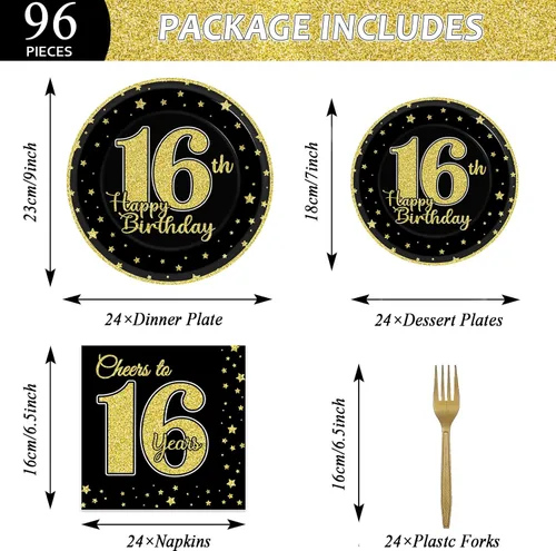 Miniatura 2 de 96 piezas de suministros para fiesta de cumpleaños de 16 años para 24 invitados, vítores a 16 años, vajilla, decoración de mesa, platos