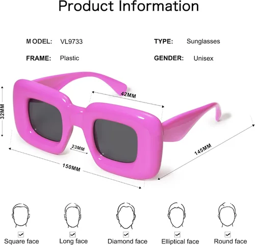Miniatura 6 de VANLINKER Lindas gafas de sol cuadradas infladas para mujeres y hombres, gafas gruesas retro con marco grueso divertido máscara sombras VL9733
