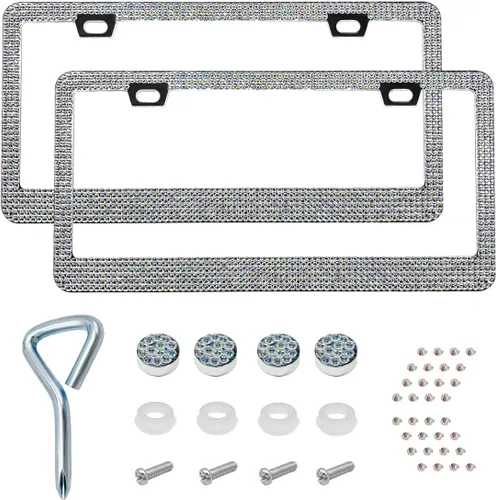 Miniatura 10 de Ziciner 2 piezas de marco de matrícula brillante, cubierta de etiqueta de matrícula brillante con diamantes de imitación multifacéticos, soporte