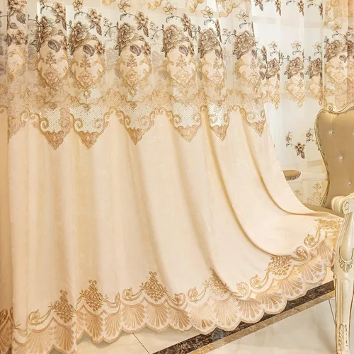 Miniatura 5 de ELKCA Cortina de Chenille Bordada Beige de Estilo Europeo para Sala de Estar, Elegantes Cortinas Florales de Chenille para Dormitorio, Parte