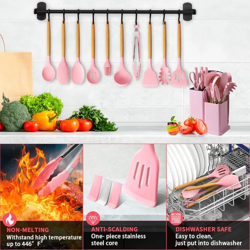 Miniatura 3 de Caliamary - Juego de utensilios de cocina de silicona de 19 piezas con soporte y juego de cuchillos de cocina para cocinar, antiadherentes