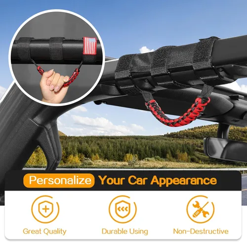Miniatura 4 de 4 asas de agarre de barra antivuelco con paracord Compatibles con 1955-2023 Jeep Wrangler YJ TJ JK JKU JL JLU & Gladiator JT, Negro & Rojo, Bandera