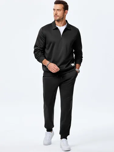 Miniatura 3 de JMIERR Conjunto deportivo de 2 piezas para hombre, con cremallera de un cuarto, camiseta tipo polo y pantalones deportivos