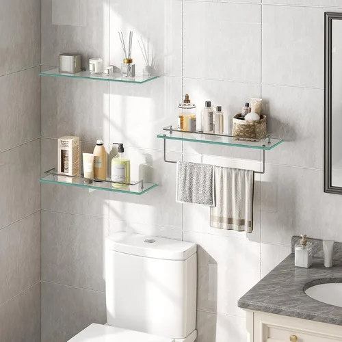 Miniatura 4 de HOOBRO Estantes de vidrio para baño, estante de vidrio flotante de 15.7 pulgadas para pared, juego de 2 soportes montados en la pared de acero