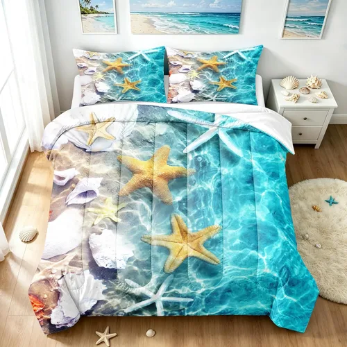 Miniatura 2 de BDUCOK Twin Size Ocean Starfish Comforter Set Teal Turquoise Beach Bedding with Seashell Print Coastal Nautical Bedroom Decor All Season 3005Twin