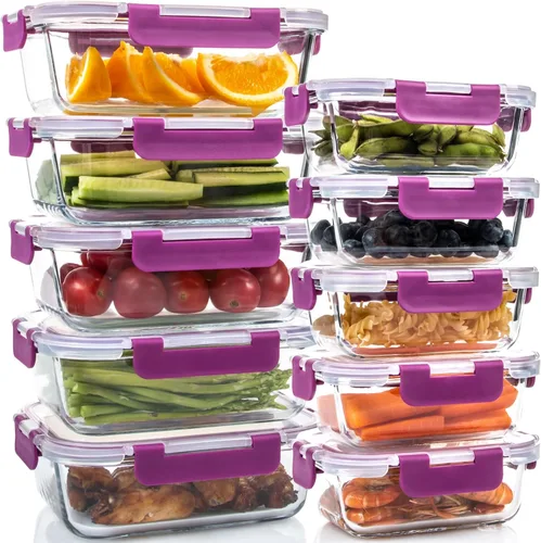 UMEIED - Paquete de 10 recipientes de vidrio para almacenamiento de alimentos con tapas, recipientes herméticos sin fugas para comidas preparadas
