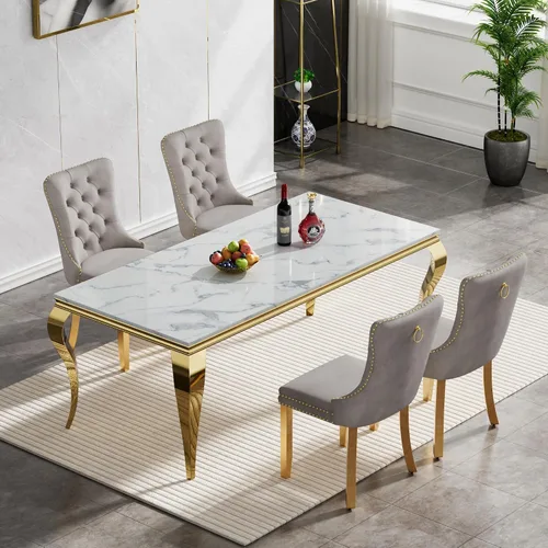Miniatura 2 de Juego de mesa de comedor de mármol sintético de 5 piezas para 4 mesas de cocina de lujo de oro blanco con 4 sillas tapizadas de terciopelo gris