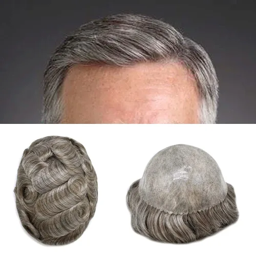 Miniatura 47 de Toupee para hombres Sistema de reemplazo de cabello humano Full Poly Mens Toupee Hairpiece inyectado PU peluca para hombre sistemas de cabello 1B#
