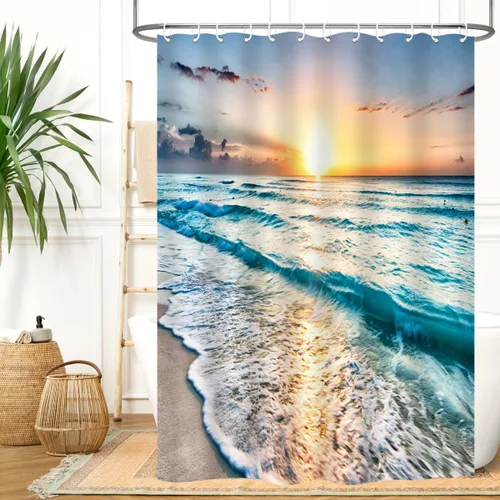 Cortina de ducha con diseño de océano, arena, playa, ondas, amanecer, Lanikai, colorido, paisaje del Pacífico, tela impermeable, juego de decoración