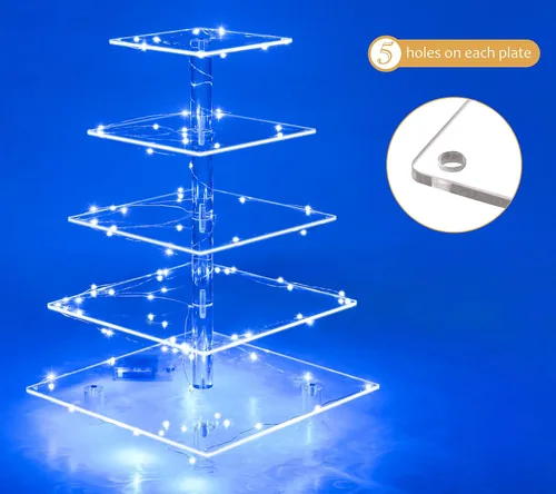 Miniatura 2 de Jusalpha Soporte cuadrado de 5 niveles para cupcakes con luz, soporte para cupcakes de alta calidad, bandeja para servir, torre acrílica