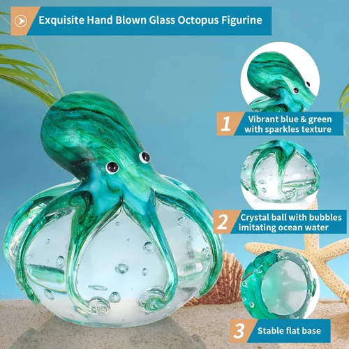 Miniatura 4 de Figura de pulpo de vidrio soplado a mano, bonito pisapapeles de animales marinos, estatua náutica coleccionable para el hogar, oficina, fiesta