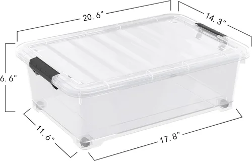 Miniatura 3 de Paquete de 4 contenedores de plástico de 20 L para debajo de la cama con rueda, cajas de almacenamiento planas transparentes