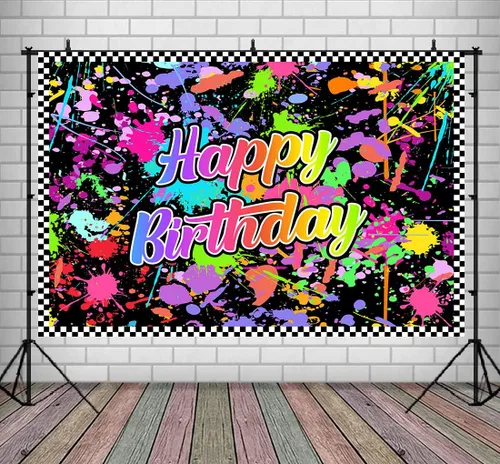 Miniatura 11 de Lofaris Fondo de feliz cumpleaños para fiesta que brilla en la oscuridad, fondo de fotografía de graffiti con salpicaduras de neón, suministros