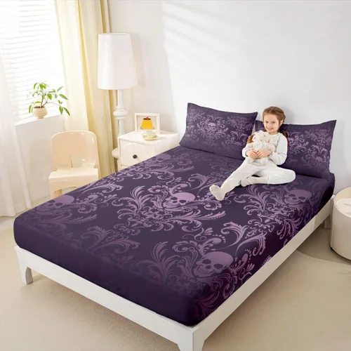 Miniatura 2 de Sábanas de cama de damasco violeta salmón para adultos, sábana bajera ajustable barroca victoriana antigua, sábanas florales góticas vintage, juego