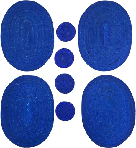 Miniatura 2 de Juego de 4 manteles individuales y posavasos color azul real, estilo de decoración mexicana, ecológicos, hechos a mano, tejidos y reversibles, ideal