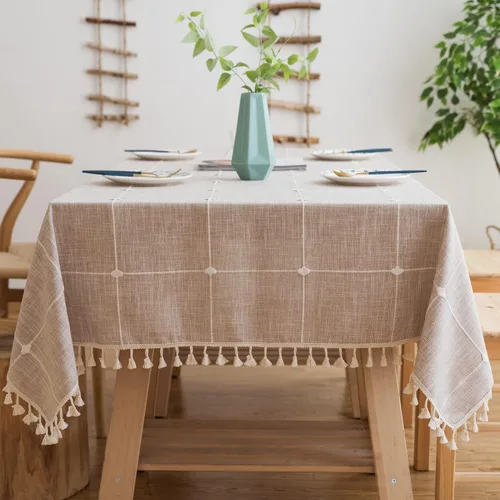Miniatura 10 de Pahajim Mantel rectangular de lino rústico de algodón para cocina, comedor, con borlas, a cuadros, impermeable, rectangular, 55 x 71 pulgadas, 4-6