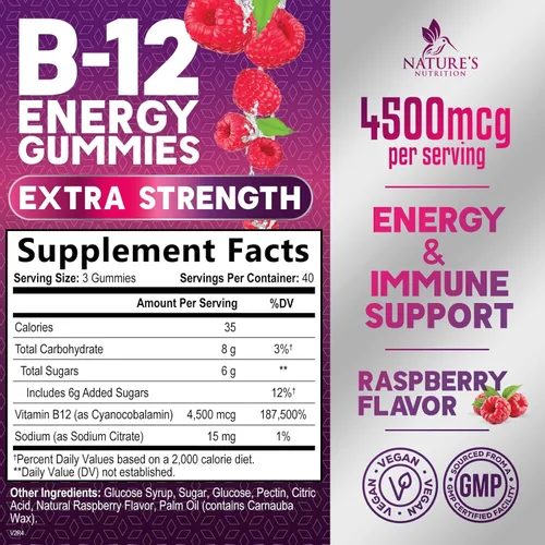 Miniatura 2 de Gomitas energéticas B12 – 4500 mcg de vitamina B12 por porción – Suplemento B12 masticable extra fuerte para energía, metabolismo y apoyo