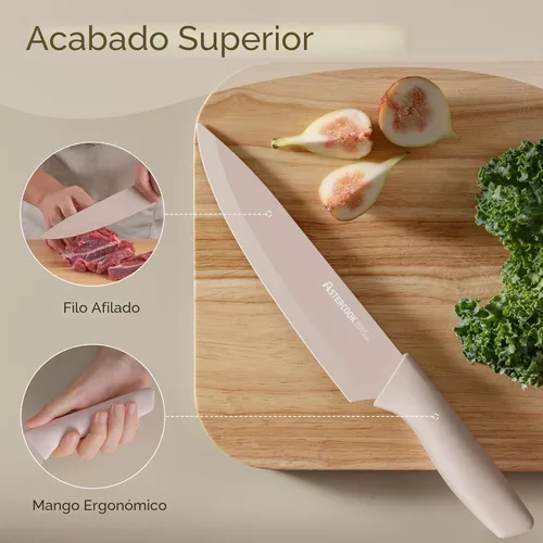 Miniatura 9 de Astercook Juego de cuchillos, juego de 13 piezas de cuchillos de cocina con revestimiento saludable antióxido, apto para lavavajillas, juego de Crema
