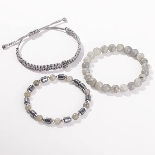 Miniatura 5 de Juego de pulseras de cuentas para hombre de 0.315 in y 0.157 in de piedras preciosas curativas trenzadas con dije de circonita cúbica, pulsera