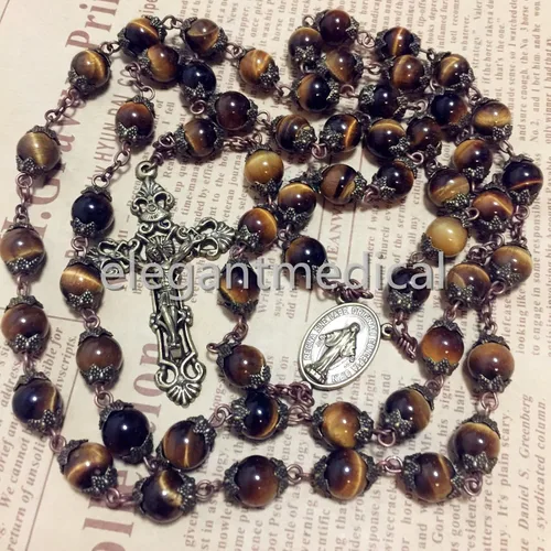 Miniatura 2 de elegantmedical Collar católico hecho a mano con 5 cuentas de ojo de tigre, rosario, bronce, cruz católica, regalo