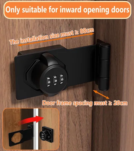 Miniatura 3 de Cerradura y pestillos para puerta corrediza de granero de 90 grados – Cerraduras rotativas con contraseña de gabinete para armario, cobertizo, Negro