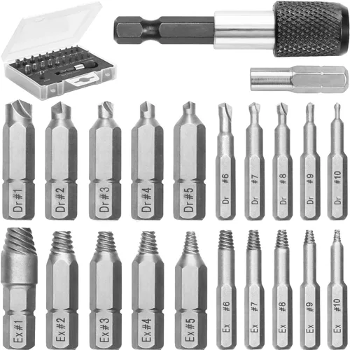 Miniatura 9 de Juego extractor de tornillos de titanio para tornillos pelados, rotos y dañados - 22 piezas, plata y oro - Kit removedor con brocas, extractores