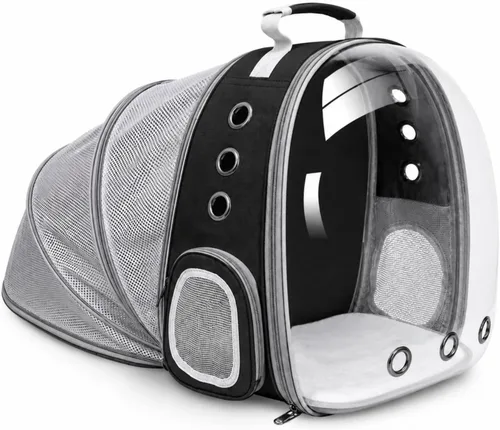 Mochila expandible para gatos y perros, mochila de viaje para mascotas con ventana de burbujas con malla transpirable, estructura anticolapso, Negro