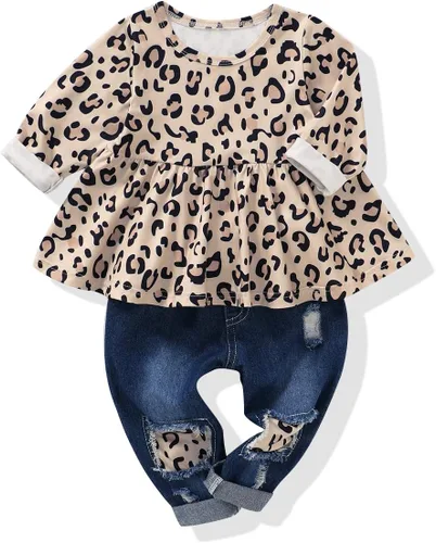 NZRVAWS Ropa para bebé niña pequeña, conjunto de pantalones de mezclilla rasgados con volantes florales de leopardo para niña 0-4T