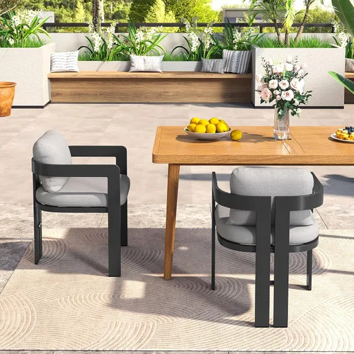 Miniatura 10 de GDFStudio Juego de 2 sillas de comedor de aluminio con cojín beige, asiento moderno para exteriores, interiores, patio trasero, piscina, balcón, 300