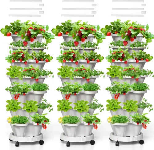 Miniatura 36 de Macetas verticales de fresa, paquete de 2 unidades, torre apilable de 5 niveles con poste de soporte, macetas apilables para hierbas y verduras