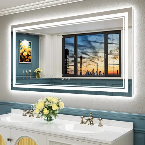Miniatura 120 de 24x30 Espejo de baño LED con marco negro con luces, retroiluminado + iluminación frontal, espejo de tocador iluminado antivaho para pared de baño