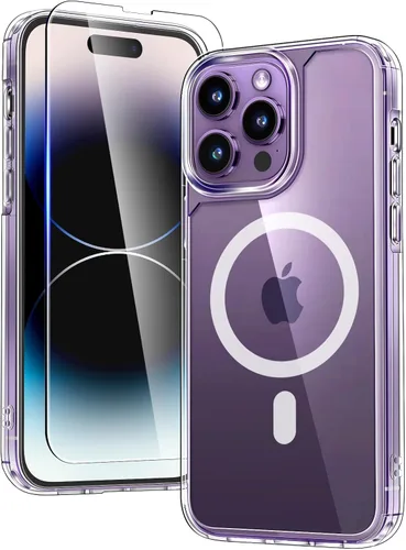 TAURI Funda magnética 2 en 1 transparente para iPhone 14 Pro, compatible con Magsafe [no amarillenta] con protector de pantalla, protección de grado